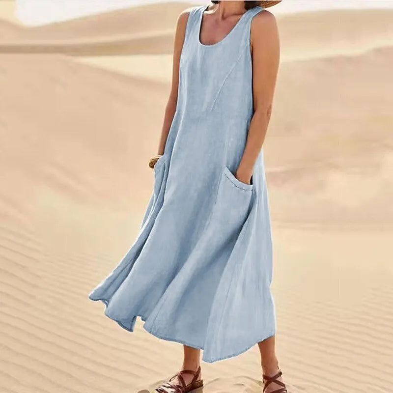 Summer women Casual Dresses pocket sleeveless round neck women's cotton linen dress loose home outdoor skirt cf0 9e0