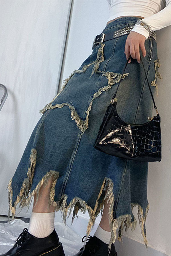 storexq Star Applique Tassel Chic Irregular Denim Skirt