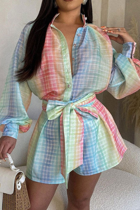 storexq Gradient Checked Chic Lantern Sleeve Belted Romper