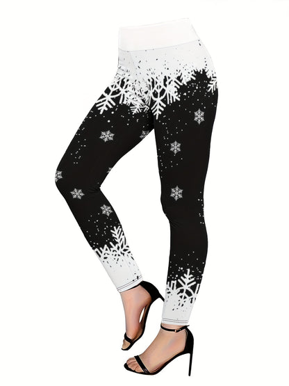 Cozy Christmas Snowman Snowflake Print Two-Piece Set - Soft Comfort Stretch Polyester Knit Crew Neck Long Sleeve Tunic Top and High-Waist Leggings Outfit for Women - Festive Holiday Wear with Relaxed Fit and Vibrant Colors