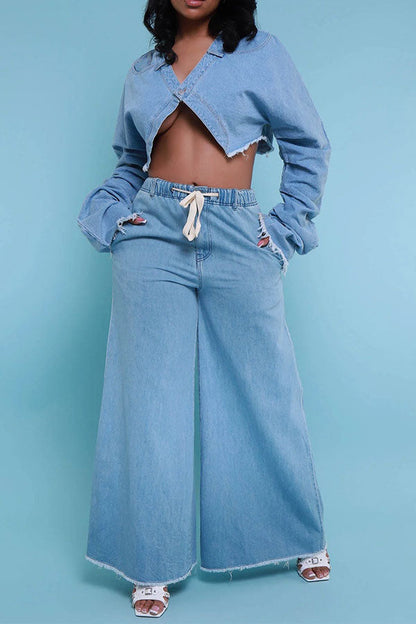 storexq Solid Color Stylish Wide Leg Denim Pant Suit