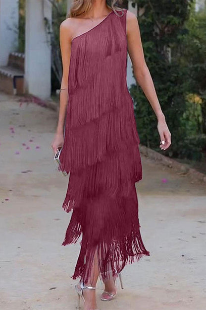 namcoverse Solid Color One Shoulder Pretty Tassel Midi Dress