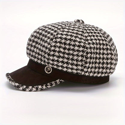 Chic Houndstooth Beret For Women - Warm & Breathable, Non-Stretch Polyester, Knit Craftsmanship, Adjustable Drawstring Closure, Perfect For Fall/Winter Fashion