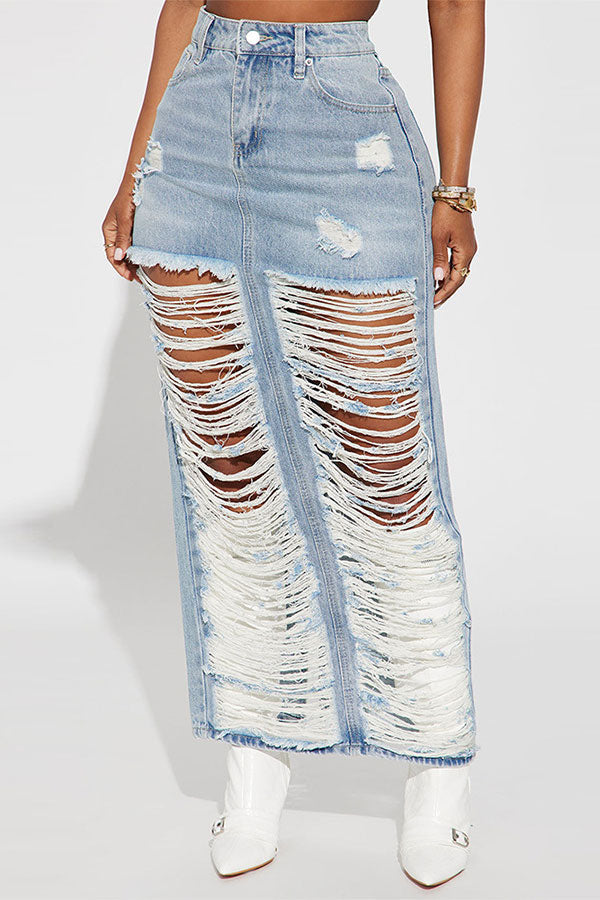 storexq Gradient Urban Pocket Ripped Denim Skirt