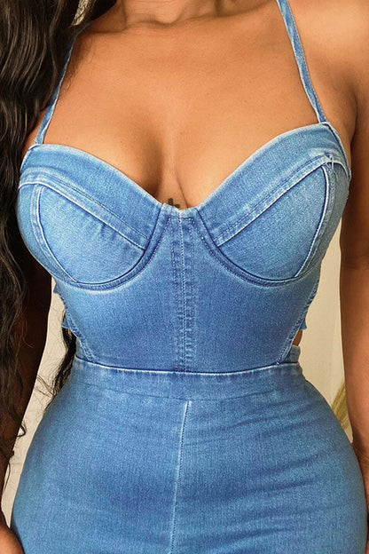 storexq Blue Classic Cutout Denim Jumpsuit