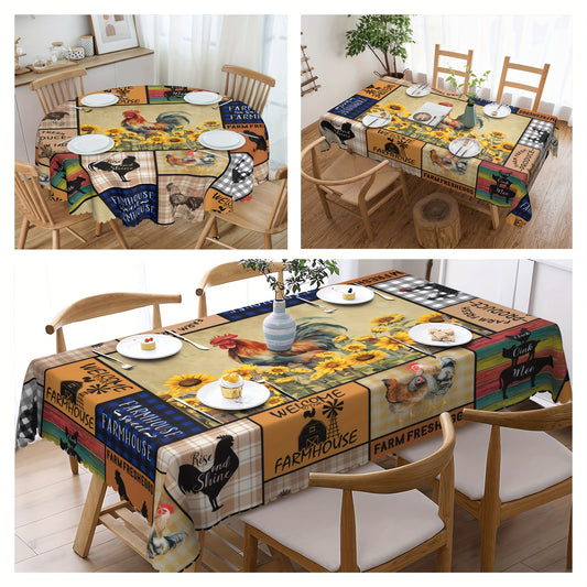 1pc Vibrant Sunflower Chicken Poultry Printed Rustic Farmhouse Style Tablecloth - Stain-Resistant, Waterproof, Wrinkle-Free, Embossed Edges - Perfect for Daily Home Use, Easy to Clean, and Maintain