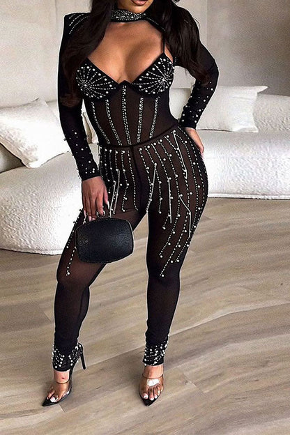 storexq Rhinestone & Beaded Decor Party See-Through Jumpsuit