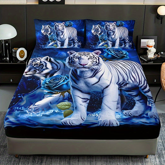 3pcs Tiger & Rose Floral Fitted Sheet Set - Breathable, Soft Polyester Bedding For All Seasons - Includes 1 Deep Pocket Fitted Sheet (11.81-13.39inch) + 2 Pillowcases (No Insert) - Perfect For Home & Dorm Decor Decorative Pillows For Bed Pillowcases For B