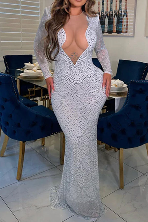 namcoverse Rhinestone Glamorous Mesh Patchwork Maxi Dress