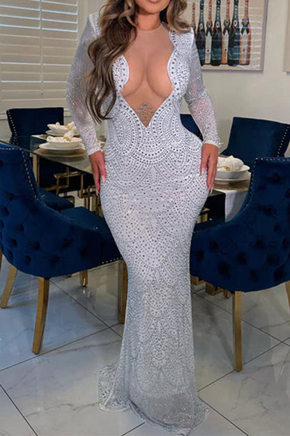 namcoverse Rhinestone Glamorous Mesh Patchwork Maxi Dress