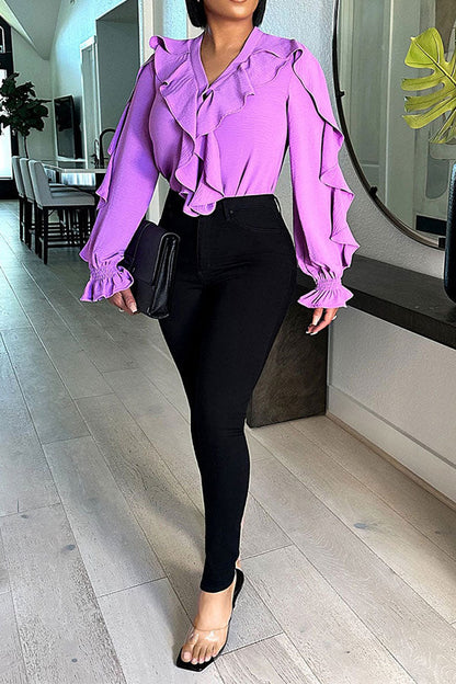 storexq Solid Color Modern Ruffle Patchwork Blouse