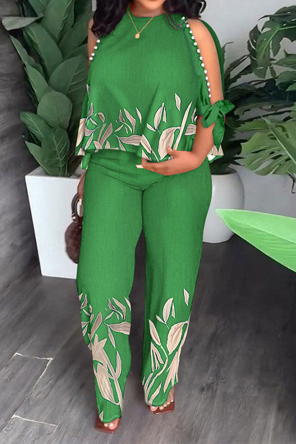 storexq Leaf Print Elegant Beaded Decor Pant Suit