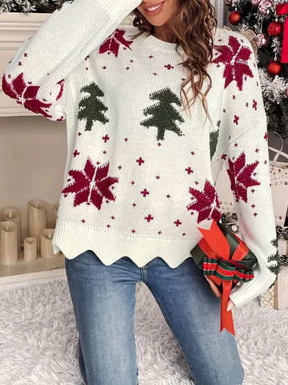 Cozy Christmas Tree Knit Sweater for Women - Casual Long Sleeve Crew Neck Pullover, Perfect for Fall & Winter