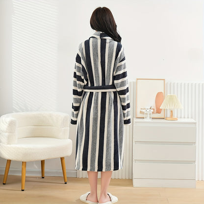 1pc Contemporary Microfiber Bathrobe with Hood – Unisex Long Sleeve, Quick Dry, Soft and Absorbent, Low Lint, Knit Fabric with Striped Pattern, Polyester and Polyamide Composition, Machine Washable – Suitable for Couples, Students, Universal Use 300gsm