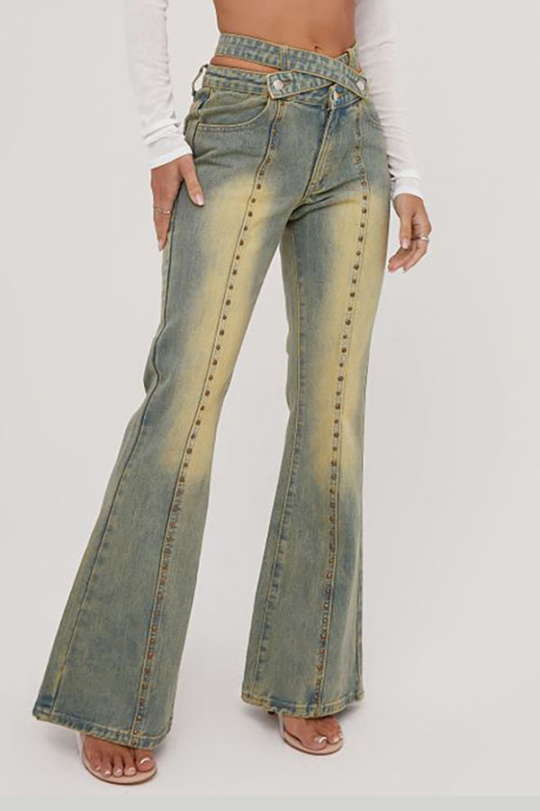 storexq Rivet Design Rocking Micro Flared Washed Jeans