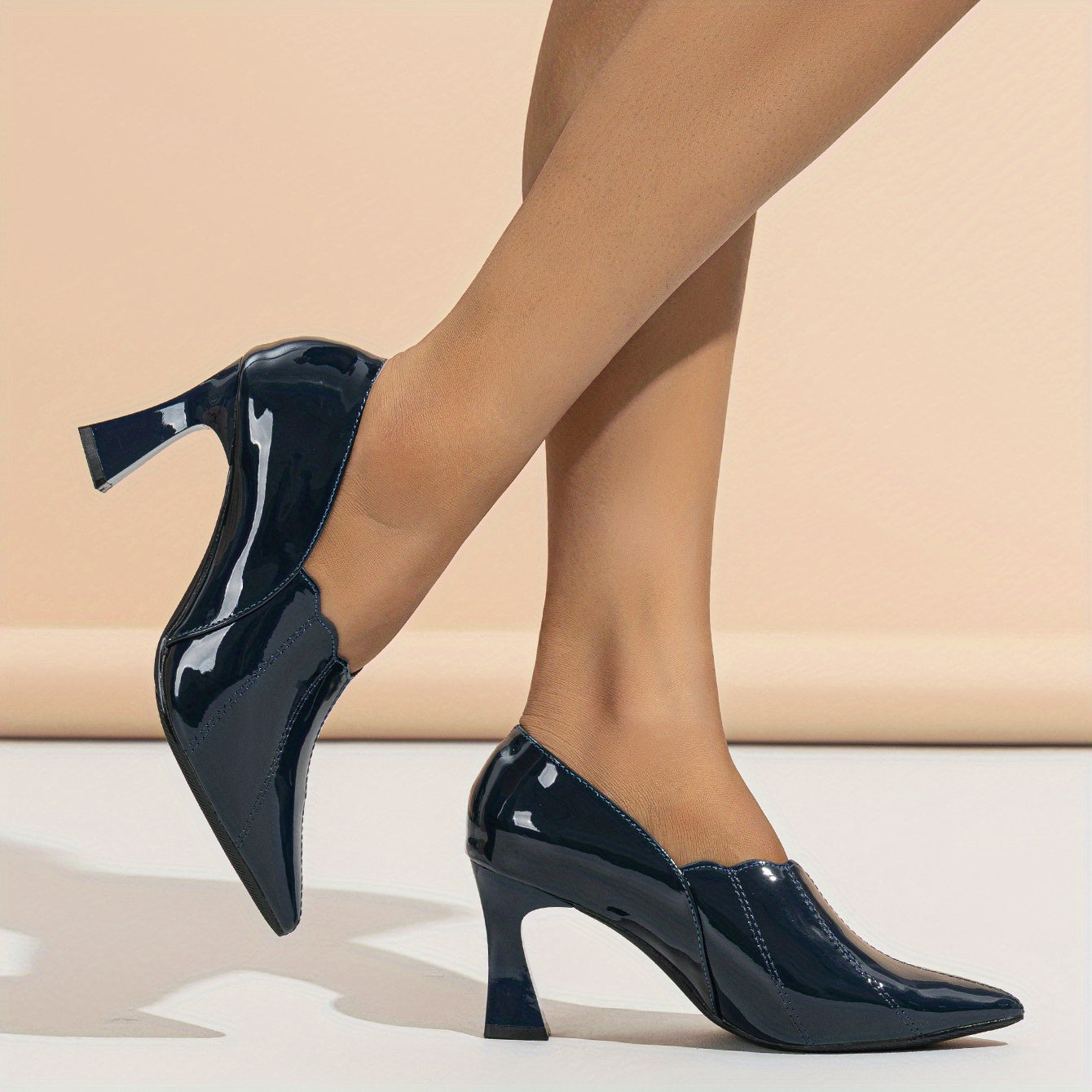 Elegant All-Season Pumps: Pointed Toe, Breathable Comfort, Slip-On, Mid-Heel, Glossy Patent Leather