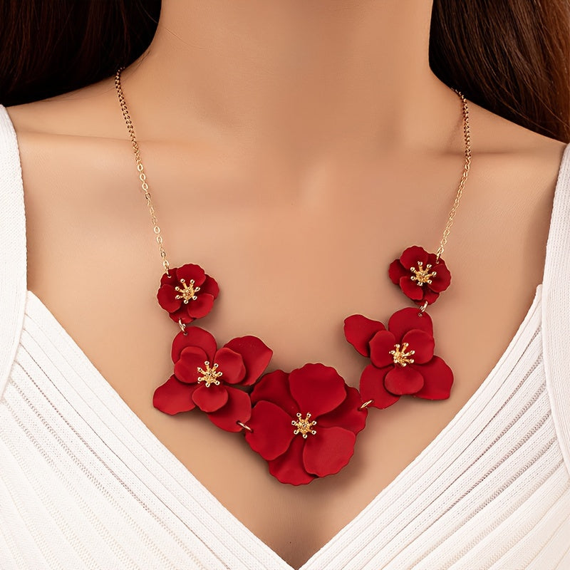 Bohemian Style Handmade Red Pendant Flower Necklace, Fashionable Temperament Women's Floral Princess Necklace Jewelry For Vacation And Casual Wear