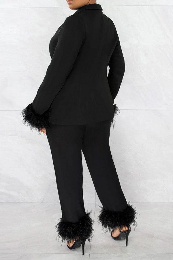 storexq Solid Color Glamorous Feather Trim Office Pant Suit
