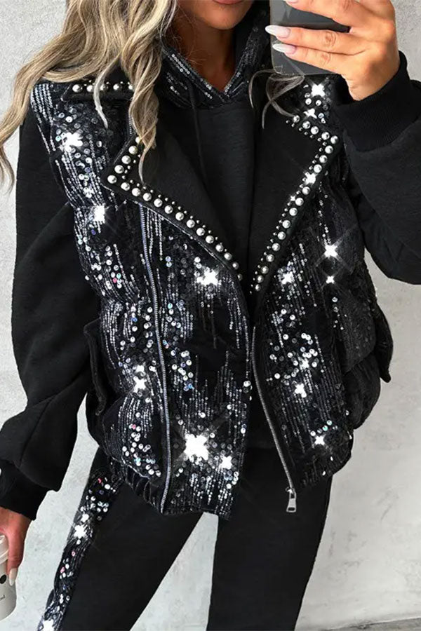 storexq Sequined & Beaded Decor Glittery Cotton-padded Gilet