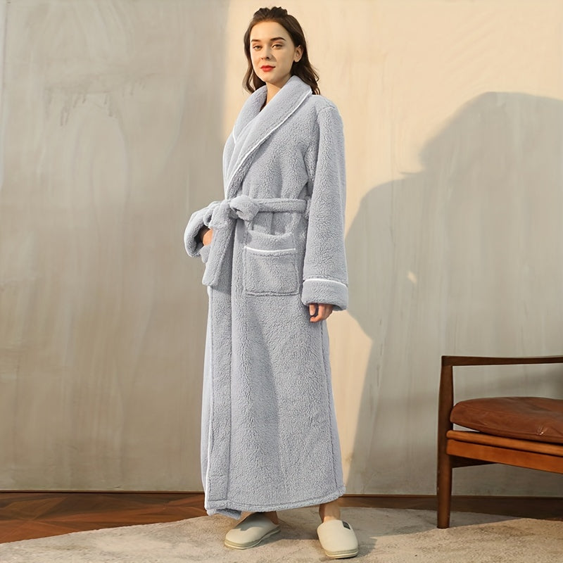 1pc Luxurious Autumn Winter Bathrobe - Plush Unisex Pajamas, Extra Thickened & Warm, Large Size Long Sleeve Robe with Handy Pockets - Ultimate Cozy Home Wear for Indoor Comfort, Essential Bathroom Supplies