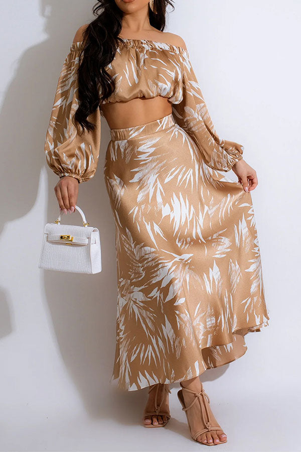 storexq Leaf Print Off Shoulder Glamorous Skirt Suit