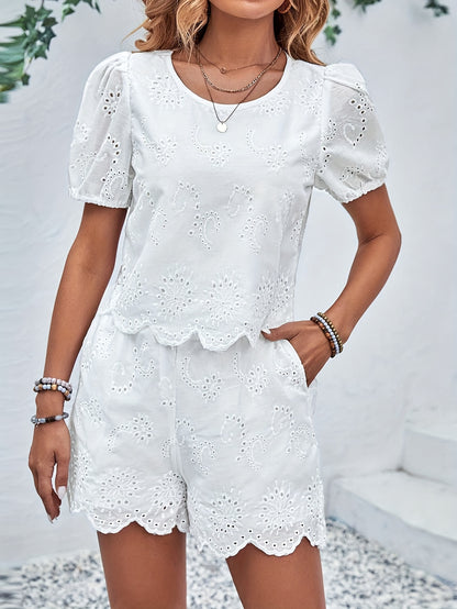 Summer Chic Shorts Set - Elegant Solid Eyelet Embroidered, Crew Neck Short Sleeve Blouse, Scallop Trim Loose Fit Shorts, Womens Clothing, Perfect for Warm Weather, Outdoor Activities, and Casual Events