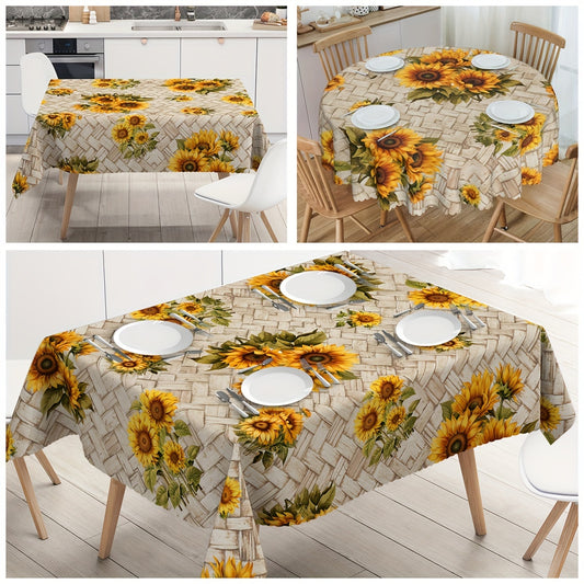 1 Pc Retro Wood Brown Stripes Round/Square Tablecloth - Waterproof, Wrinkle-Proof, Easy-Clean Table Cover for Indoor/Outdoor Use - Enhance Dining Ambiance with Vintage Wood Color and Yellow Sunflower Pattern, Perfect for Spring/Summer Gatherings