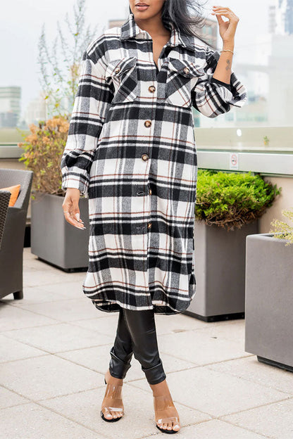 storexq Plaid Casual Patch Pocket Button Coat