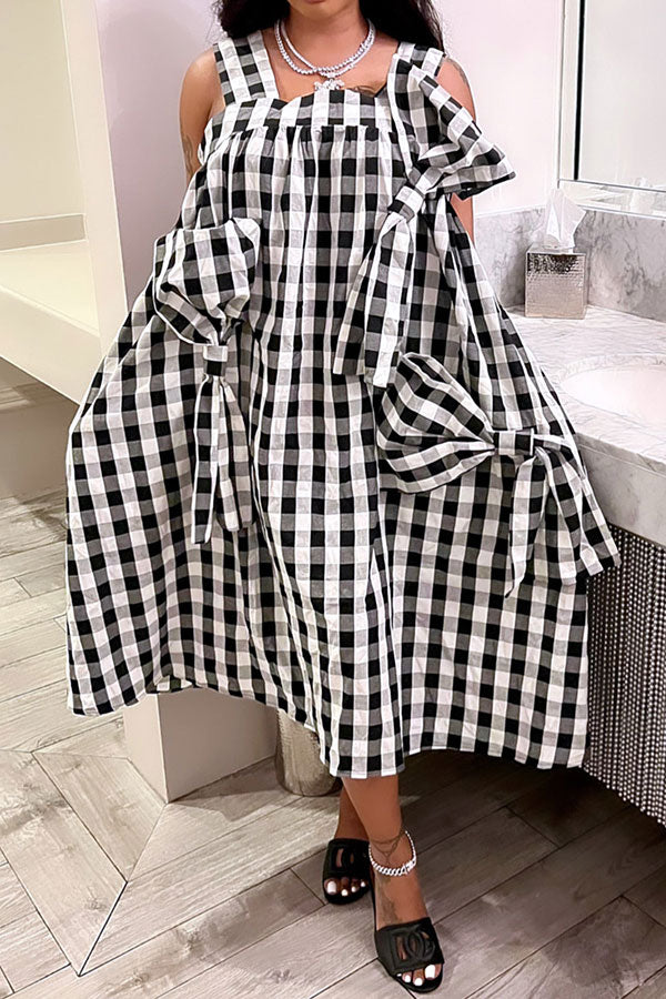 storexq Checked Patchwork Girly Bowknot Midi Dress