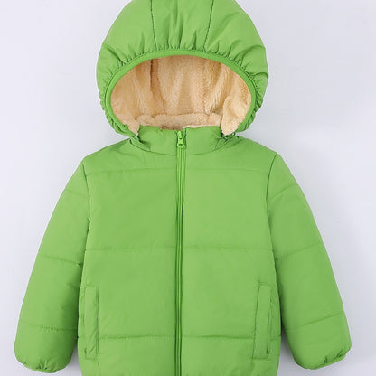 Baby's Solid Color Fuzzy Lining Quilted Jacket With Detachable Hood, Warm Zip Up Padded Coat, Baby Boy's Clothing For Fall Winter