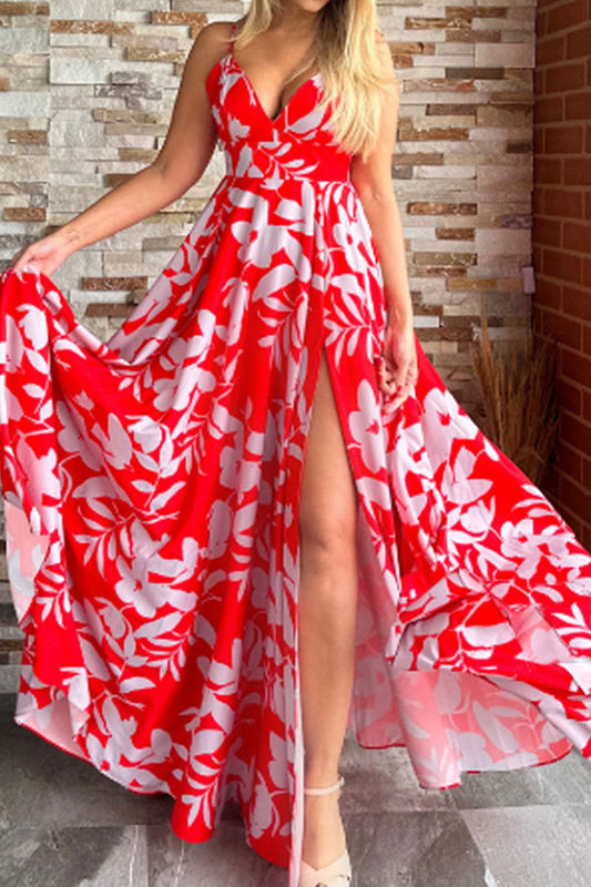 storexq Floral Print Sweet V Neck High Split Maxi Dress