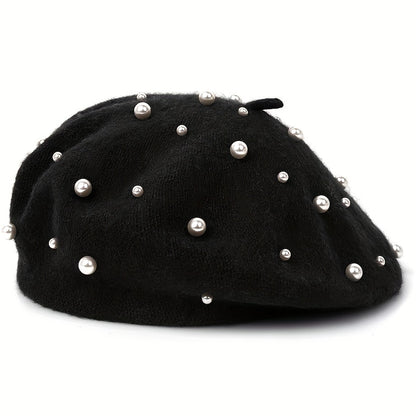 Stylish Pearl Embellished Beret Hat - Soft, Lightweight, Warm, and Elegant Solid Color Painter Cap for Women's Daily Use in Autumn and Winter - Perfect for Casual Outings and Formal Events