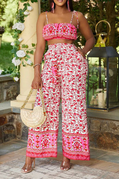 storexq Floral Print Tropical Lace-Up Wide Leg Pant Suit