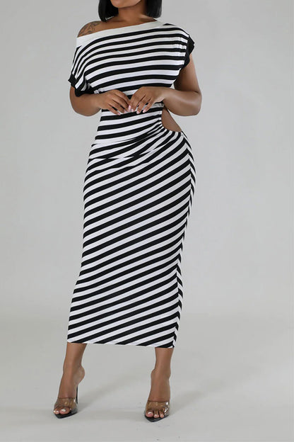 storexq Striped Patchwork Boat Neck Classic Cutout Midi Dress