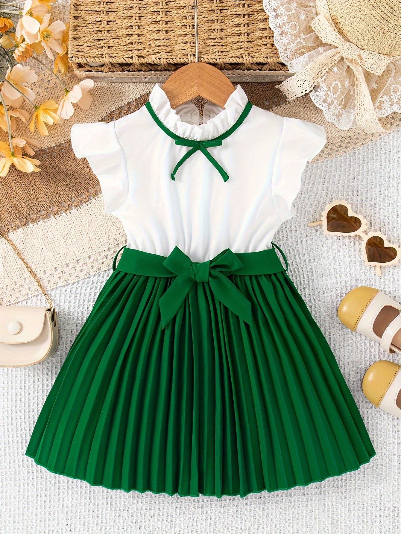 Fashionable Girls Bow Strapped Dress with Ruffle Trim - Adorable Splicing Design for Comfortable Summer Holidays & Parties - A Perfect Gift Idea