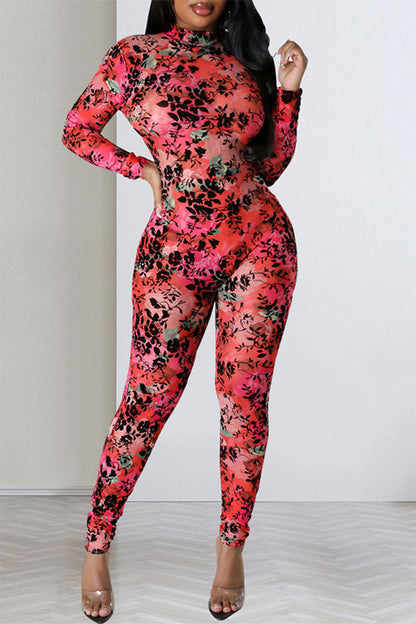 storexq Floral Print Party See-Through Bodycon Jumpsuit