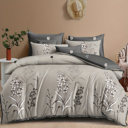 3-Piece Soft Grey Plant Printed Duvet Cover Set - Comfortable, Breathable, and Hypoallergenic Bedding for Bedroom and Guest Room - Includes 1 Duvet Cover and 2 Pillowcases, Without Core, Perfect for Ramadan