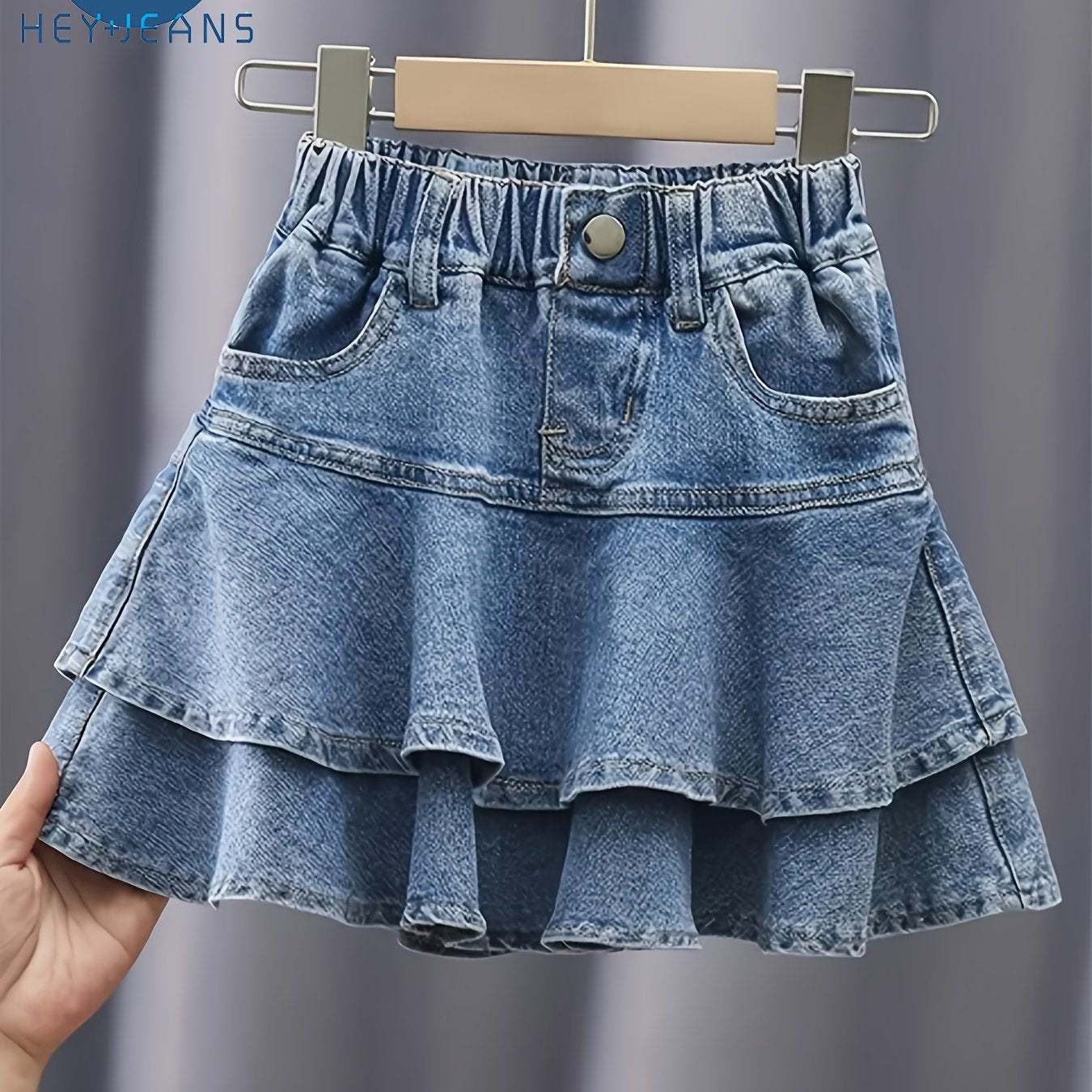 Tiered Ruffle Skirt - Soft Cotton Denim, Stretchy Elastic Waistband, Adorable Button Accents - Perfect for Girls, Latest Summer  Fashion, Cute and Playful Style, Youthful Casual Wear