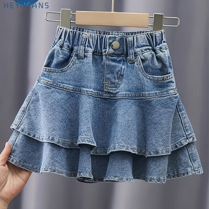 Tiered Ruffle Skirt - Soft Cotton Denim, Stretchy Elastic Waistband, Adorable Button Accents - Perfect for Girls, Latest Summer  Fashion, Cute and Playful Style, Youthful Casual Wear