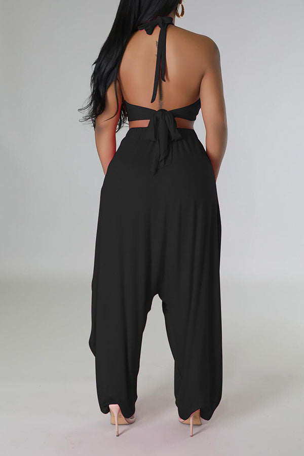 storexq Solid Color Hippy Lace-Up Harem Pant Suit