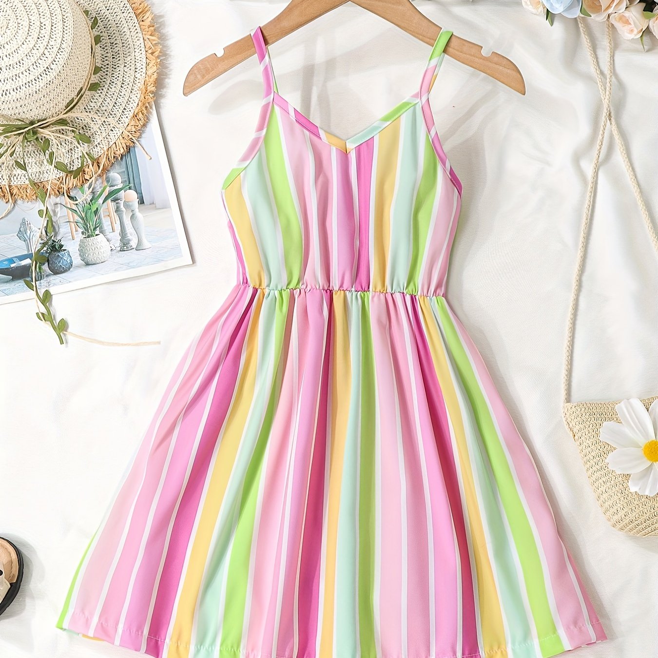 Chic Summer Striped V-Neck Cami Dress for Girls: Easy-Care, Breathable & Durable – Ideal for Party & Beach Fun