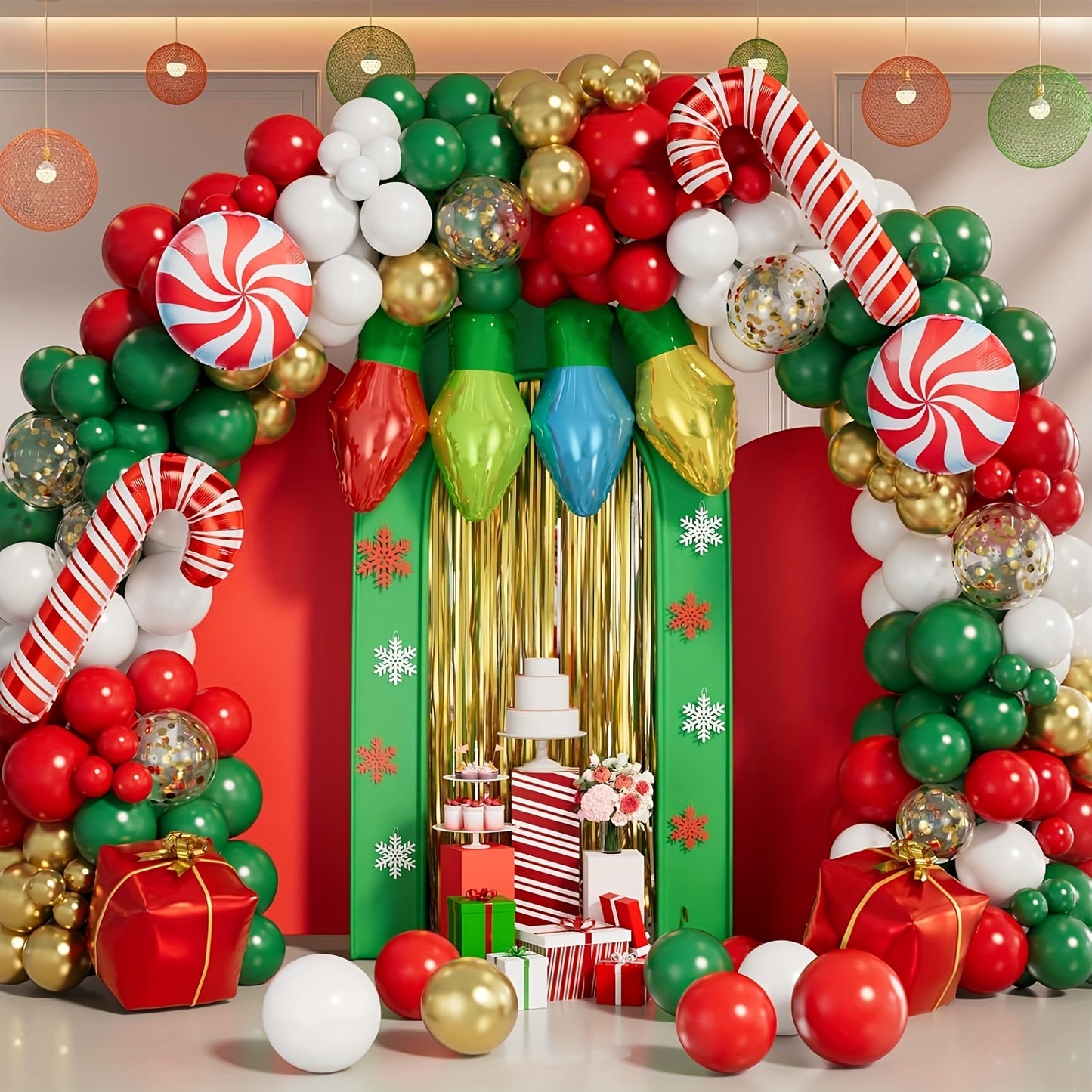 125pcs Christmas Balloon Garland Kit - Festive Red, Green & Golden Latex with Light Bulb & Candy Accents for Holiday Parties and New Year's Eve Decorations