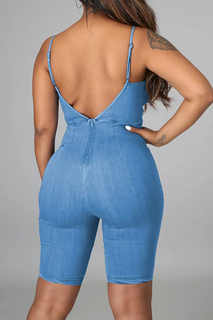storexq Solid Color Bowknot Elegant Denim Romper