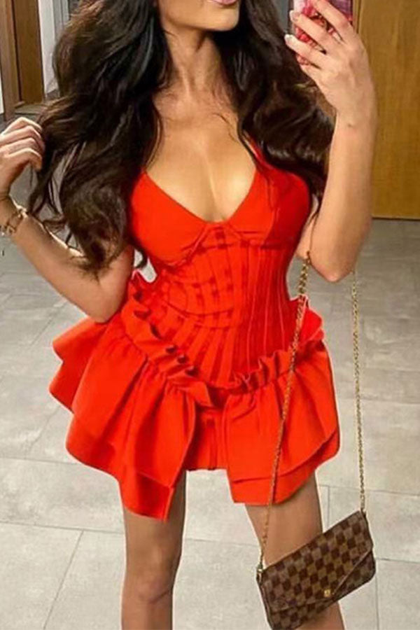 storexq Patchwork Bandage Pretty Ruffle Mini Dress