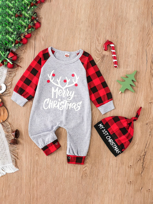 Baby Boy's "Merry Christmas" Print Bodysuit, Comfy Plaid Pattern Reglan Sleeve Onesie, Infant's Clothing For Fall Winter