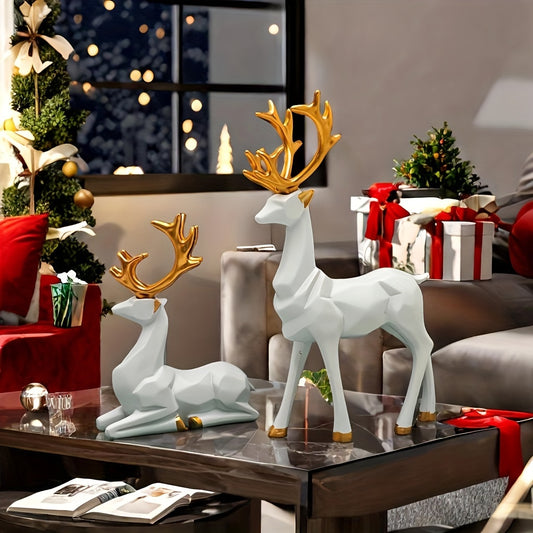 2-Pack Elegant White Reindeer Figurines - Premium Resin Deer Statue Set for Christmas Decoration - Ideal for Holiday Mantel, Tabletop, Festive Display