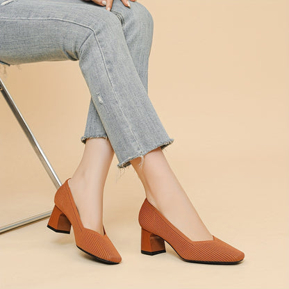 Chic Square-Toe Knitted Pumps - Comfortable Chunky Heel - Versatile Solid Colors - Perfect for Office Wear