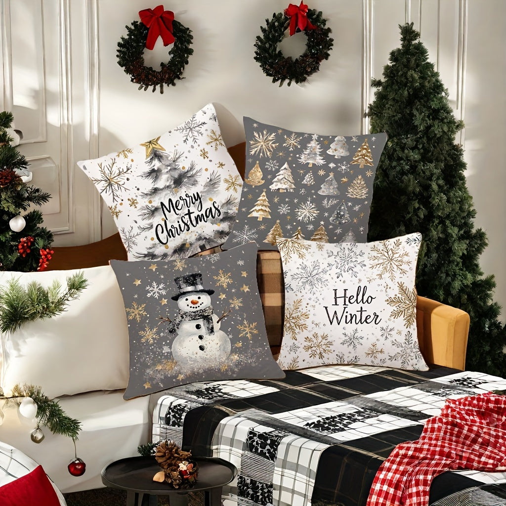 Contemporary 4-Pack Christmas Throw Pillow Covers 17.7" - Polyester, Zippered, Machine Washable, Festive Golden & Gray Print for Living Room Decor - Snowman, Trees, Winter Designs, Woven Pillowcases (No Pillow Core)