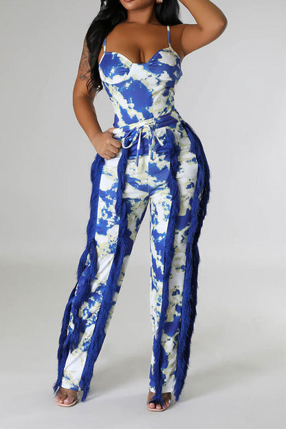 storexq Tie Dye Pretty Tassel Patchwork Pant Suit