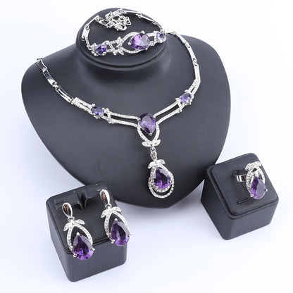 Dangle Earrings + Necklace + Bracelet + Ring Elegant Jewelry Set 18k Gold Plated Inlaid Purple Gemstone Golden Or Silvery Pick A Color U Prefer